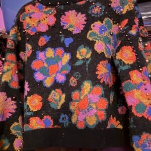 Farm Rio Cropped Floral Beaded Knit Sweater XL Colorful